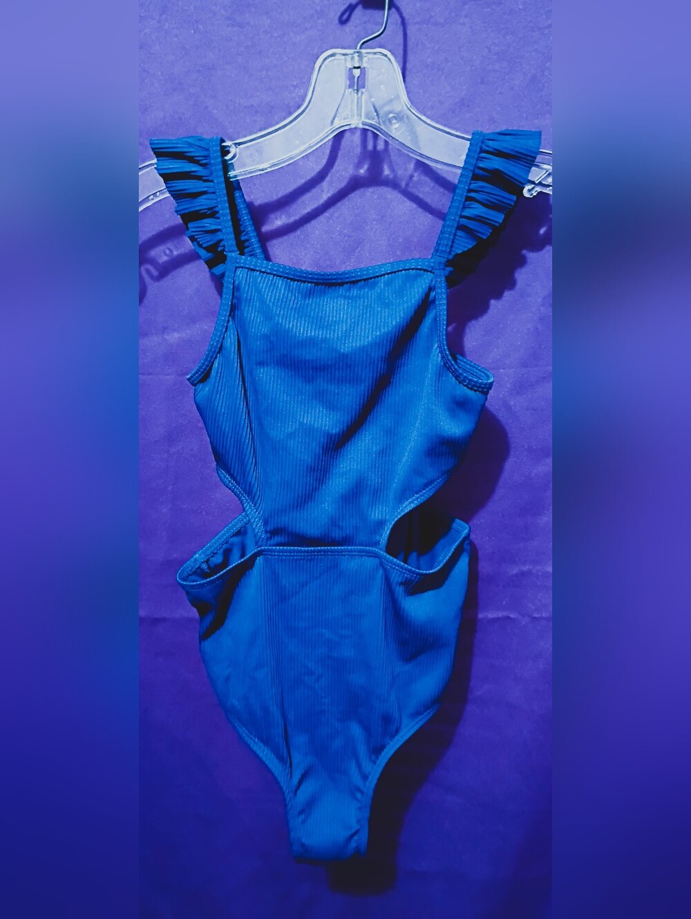 wonder nation Blue Ribbed Girls One-Piece Swimsuit with Ruffle Straps